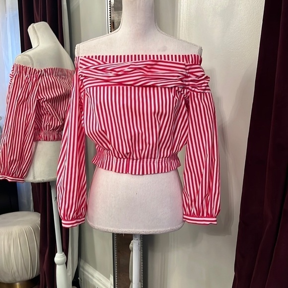 Zara Red and White Stripped Off The Shoulder Crop Top Size Small - Picture 1 of 8